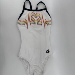 Arena Pride Light Drop One Piece Swimsuit White Rainbow Heartbeat Size 28